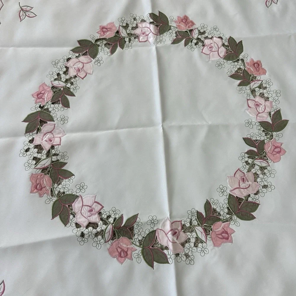 Lot Of 2 Vintage Cutwork Embroidered Floral Poppies Tablecloth Square Satin 33